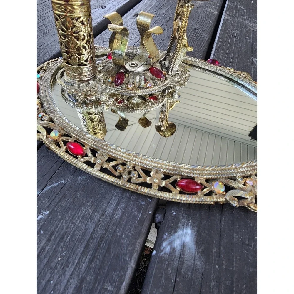 Vintage Antique Art Nouveau Gold Tone Ruby Jeweled Vanity Set, Ormolu Revlon HTF
